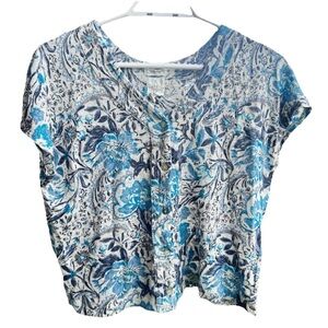 Joie Linen Button Up Top Blouse Sz Medium White Blue Paisley Floral coastal